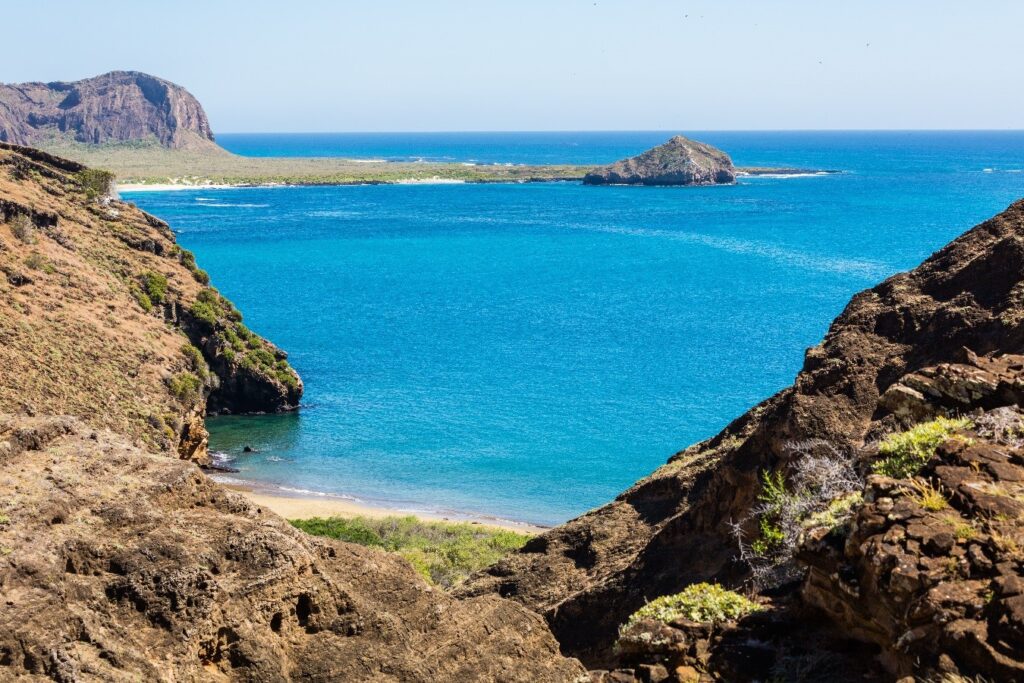 Tour to Punta Pitt: View of the bright-blue ocean from the volcanic landscape of Punta Pitt